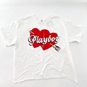 Playboy Heart Raw-Cut Hem Crop White T-shirt Top Size M NWT